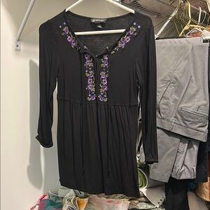 INC International Concepts Black Tunic with Purple Floral Detail